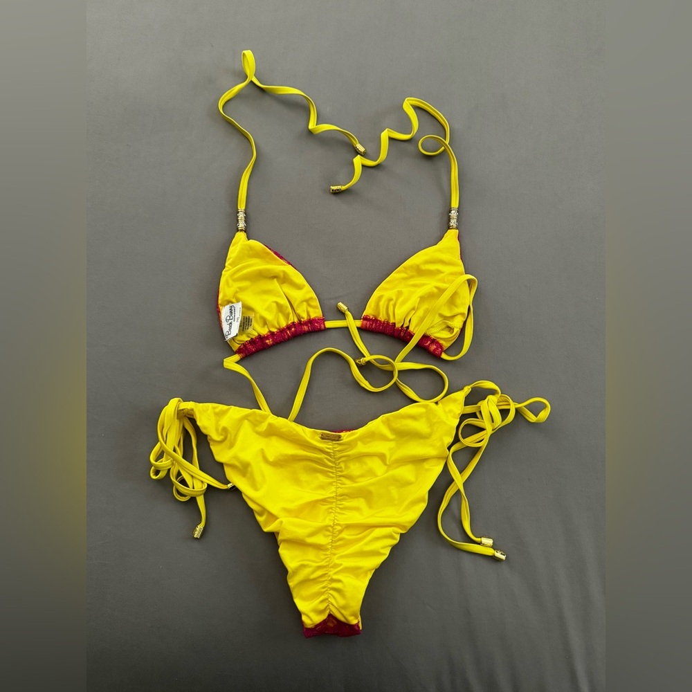 Beach Bunny Swimwear Neon Pink/Yellow Lace Detail Sexy Tie Bikini- LIKE NEW! - Picture 6 of 6